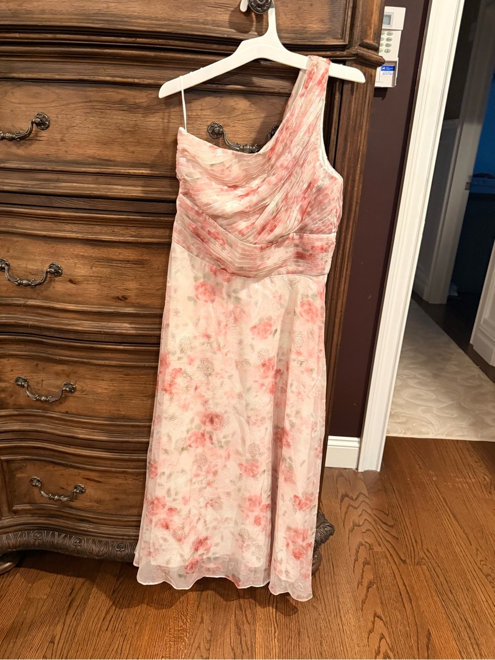 Asymmetric One-Shoulder Pink Floral Midi Dress